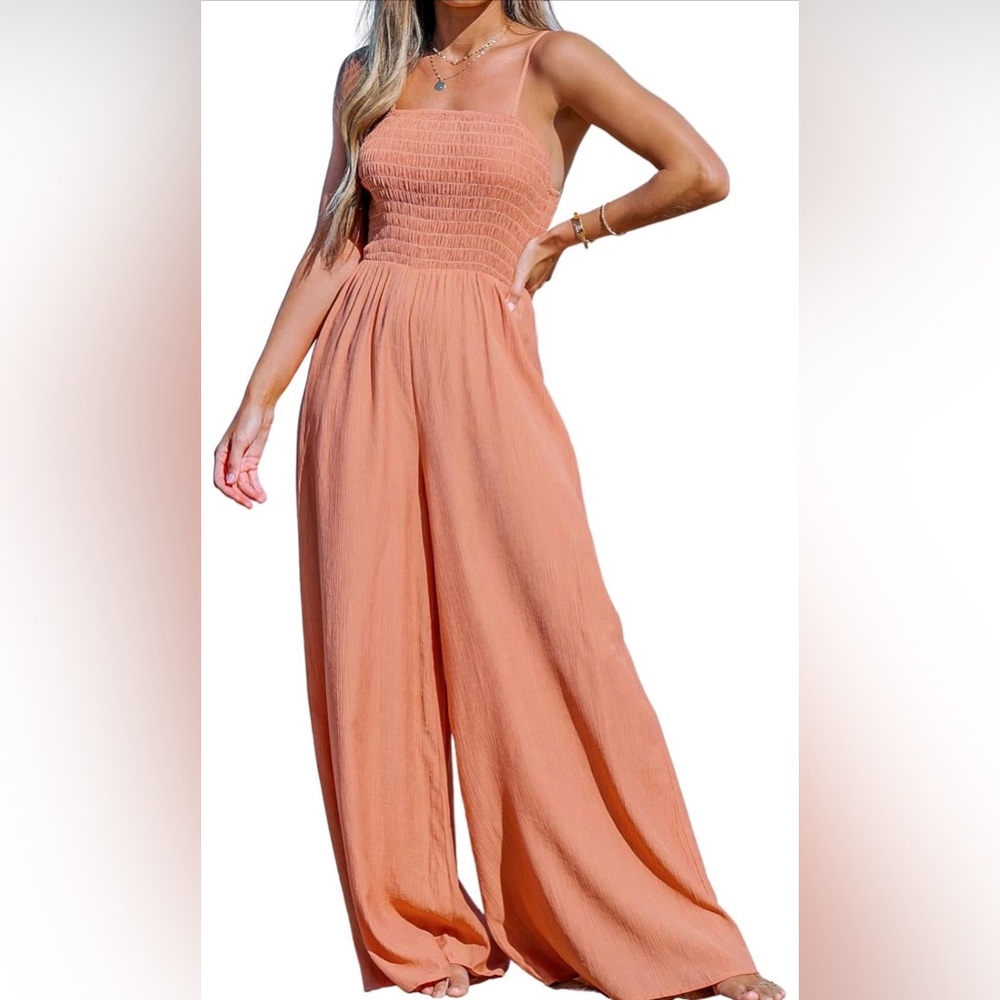 Smocked Wide-Leg Jumpsuit in Coral